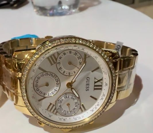 Guess Ladies Silver-Tone Square Watch with Crystal Bezel – Multi-Function Dial