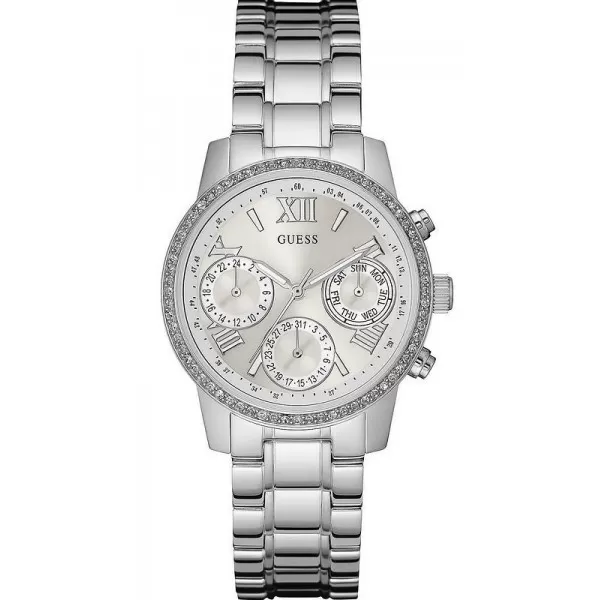 Guess Ladies Silver-Tone Square Watch with Crystal Bezel – Multi-Function Dial