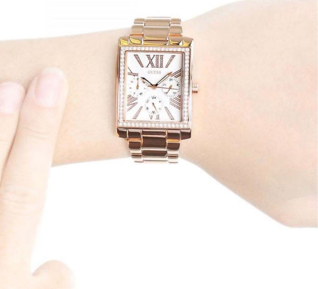 Guess Ladies Silver-Tone Square Watch with Crystal Bezel – Multi-Function Dial