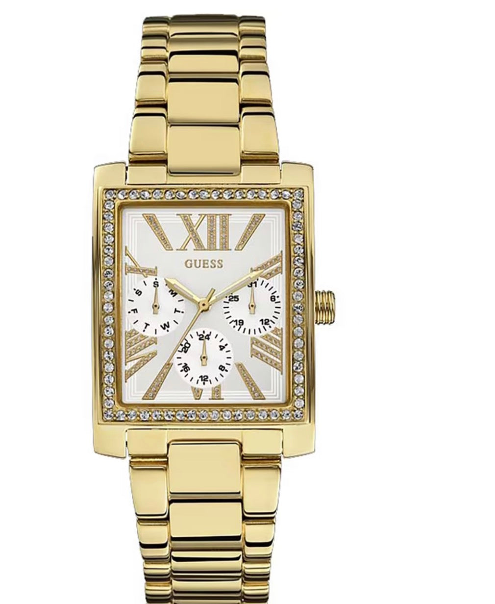 Guess Ladies Silver-Tone Square Watch with Crystal Bezel – Multi-Function Dial