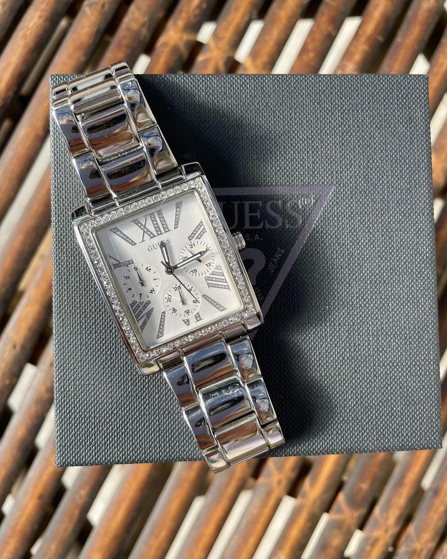 Guess Ladies Silver-Tone Square Watch with Crystal Bezel – Multi-Function Dial
