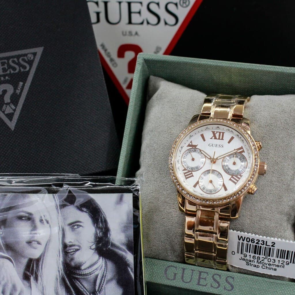 Guess Ladies Silver-Tone Square Watch with Crystal Bezel – Multi-Function Dial
